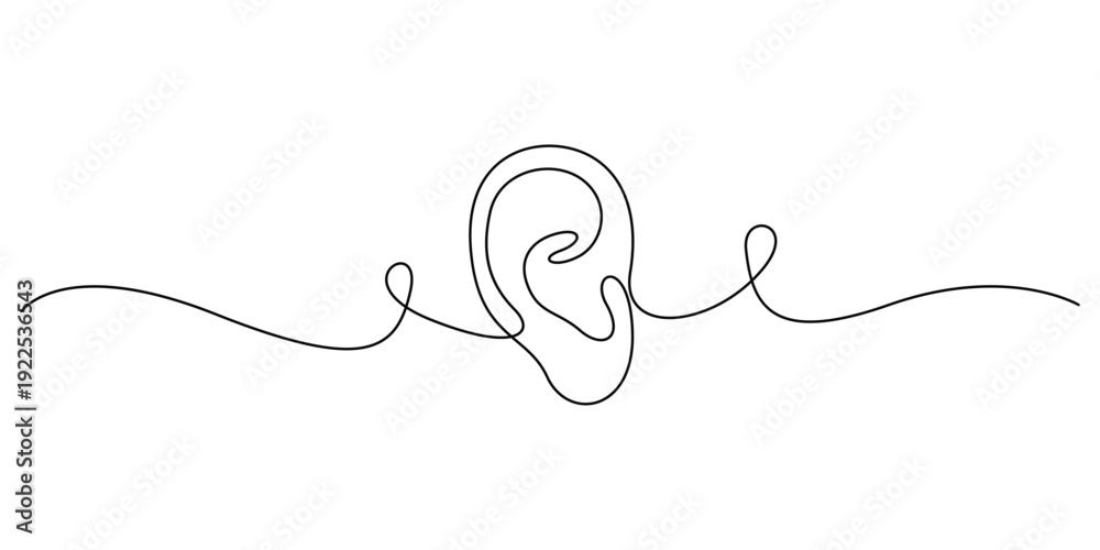 Fototapeta premium Continuous line drawing of a human ear, Concepts for a minimalist symbol for hearing health, communication, or audio technology