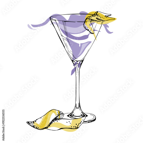 Aviation cocktail beverage in martini glass with lemon peel garnish, pastel violet smoke swirl. Vector in hand drawn fine ink line. Mixology projects, bar prints, recipe layouts, drink pattern sets.