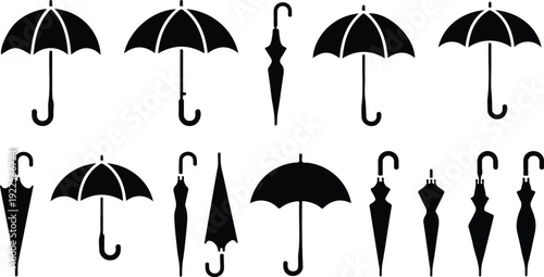 Collection of black umbrella icons and silhouettes for protection against rain and sun.