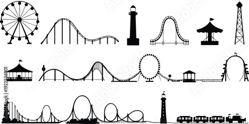 Amusement park rides silhouettes, funfair attractions collection, roller coaster and Ferris wheel