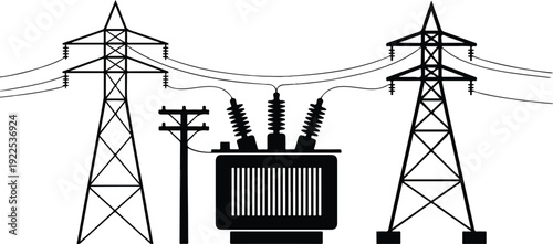 Electricity transmission towers, high voltage power lines, and transformer, industrial power grid