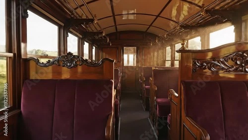 Vintage train interior featuring plush seating and wood accents  