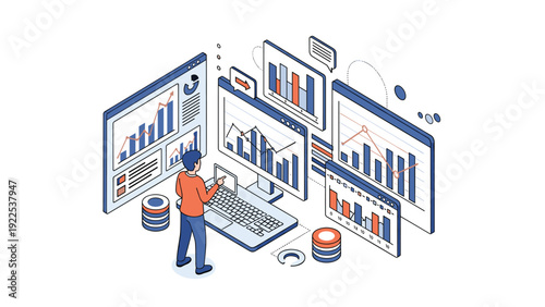 Professional male analyst in a modern workspace monitors various digital financial data screens for business growth and market trends.