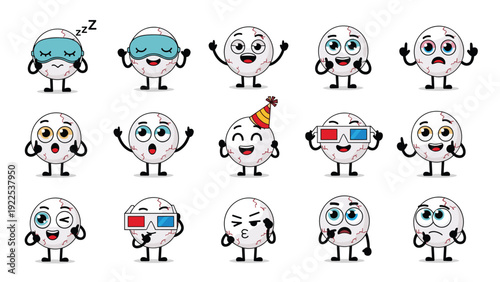 Large collection of funny baseball character heads with various emotional expressions and accessories for sports themed graphic design.