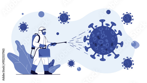 Specialist in a protective hazmat suit spraying a large virus molecule with disinfectant to stop the spread of an infection or pandemic.