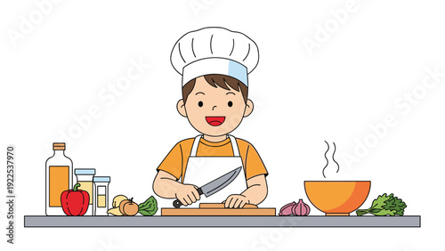 Cheerful young boy in a professional chef hat and apron cutting vegetables on a cutting board in a clean modern kitchen setting.