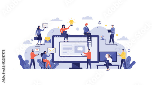 Team of tiny professional people working collaboratively around a giant computer monitor to manage emails and digital business communications.