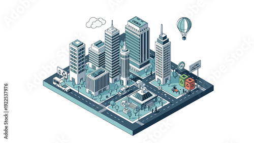 Isometric pixel art of a sustainable smart city with modern skyscrapers, green spaces, recycling bins, and a hot air balloon in the sky.