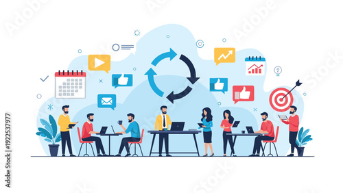 Diverse professional team working in a modern office with floating icons representing social media marketing and creative business cycles.