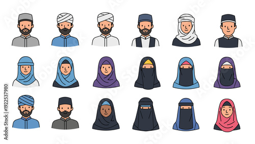 Portraits of diverse Muslim men and women wearing traditional head coverings like hijabs, turbans, and niqabs in a clean grid layout.