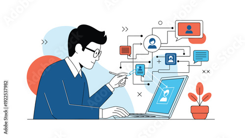 Male professional working on a laptop while connected to a global network of user profiles and digital communication message bubbles.