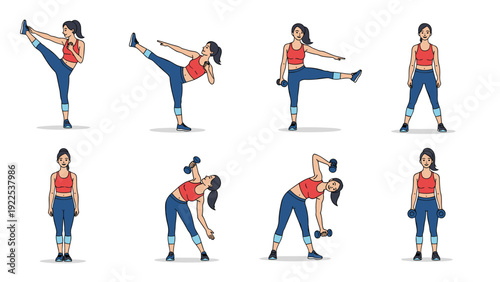 Healthy woman performing a series of fitness exercises with dumbbells and leg raises in a clean grid for sports and wellness training.