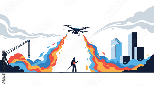 Technician operating an agricultural drone to spray colorful smoke over a field with an industrial city skyline and construction equipment background.