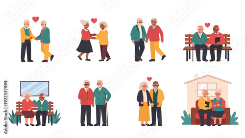 Diverse elderly couples in loving and friendly poses representing romance, friendship, and happy aging in a modern flat illustration style.