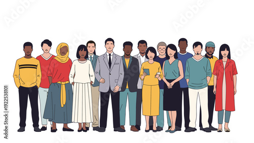 Large group of men and women from diverse backgrounds stands together in a display of community and inclusivity.