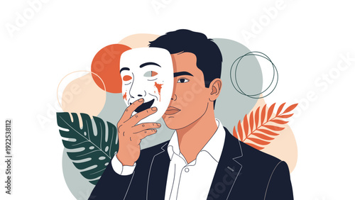 Concept of hidden emotions and dual personality is illustrated by a man holding a theatrical mask over his face.