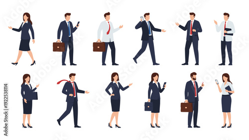Collection of professional men and women characters are shown in various business-related poses and daily work activities.