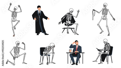 Humorous comparison of skeletons and humans in daily life activities including sitting, dancing, and university studying.