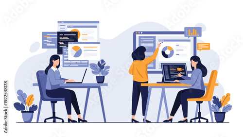 Collaborative tech workspace features professionals working on laptops and analyzing data displayed on large monitors.