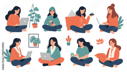 Set of diverse young women working remotely on laptops and relaxing at home with plants and coffee in a flat modern illustration style.