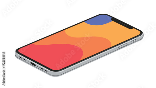 Modern smartphone is shown in an isometric view featuring a vibrant abstract colorful pattern on its display screen.