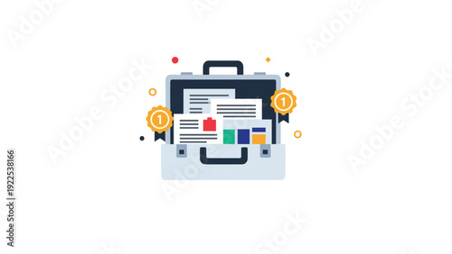 Open business briefcase filled with important documents, files, and award medals symbolizing professional success and career achievement.