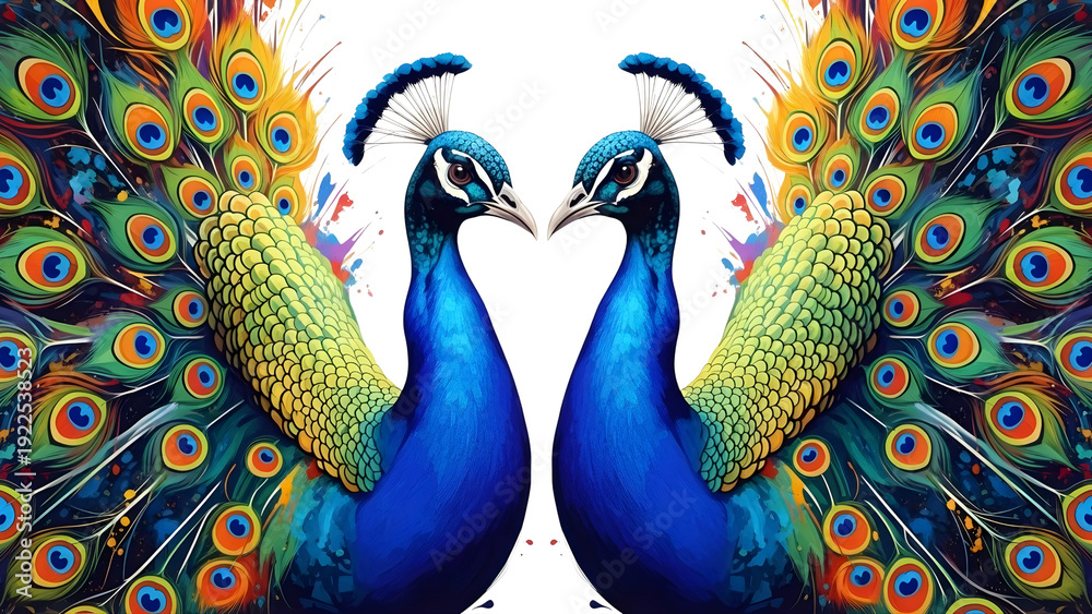 Fototapeta premium Two colorful peacocks facing each other on transparent background