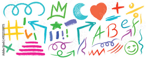 A colorful abstract artwork featuring various symbols and letters