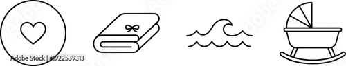 A collection of simple outline icons representing essential baby care and loving moments