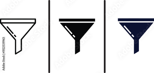 A set of three funnel icons in different colors on a white background