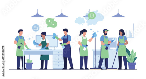 Illustration of a diverse cleaning team working together in a modern office with green uniforms and cleaning supplies.