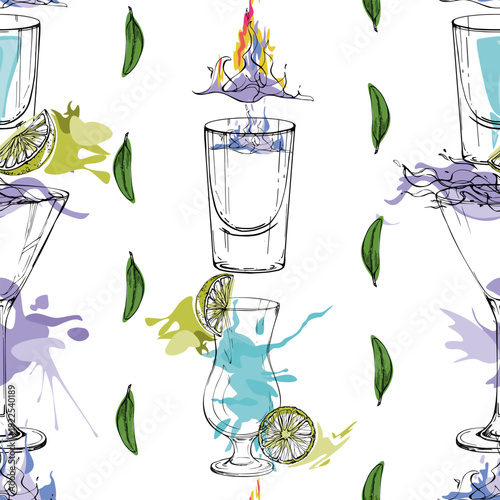 Burning shot and cocktail bar serve, lavender Aviation in martini glass, Blue Hawaii ink silhouettes with citrus wheels, olive leaves divider line. Hand drawn seamless tile for recipe kits, wrapping