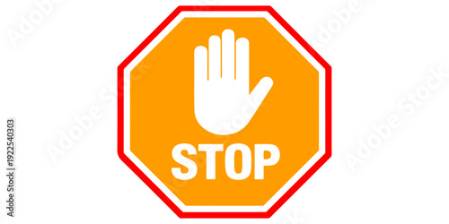 A red octagon stop sign icon with a hand symbol creates a caution signal for road safety and traffic danger in this vector illustration concept