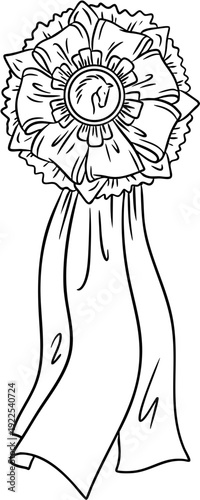 Hand drawn line art award rosette for horse riding competitions, dressage and jumping sport show isolated on transparent background
