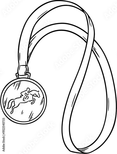 Hand drawn line art award medal for horse riding competitions, dressage and jumping sport show isolated on transparent background

