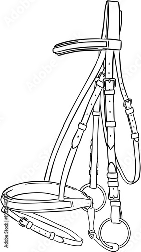 Hand drawn line art  leather bridle for horse riding and dressage or jumping sport show isolated on transparent background