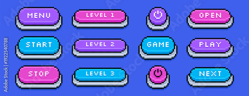 Colored pixel art play, next, open, on off switch and stop buttons. Pixelated video game symbols, text box frames, interface menu icons in 8bit retro style. Vector arcade ui elements for mobile app