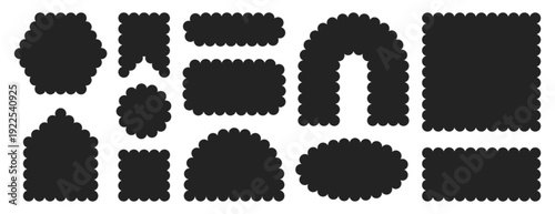 Vector set of black zig zag edge different geometric shapes. Scalloped borders, zigzag frames, serrated badges. Rectangle, oval, square figure with wavy lace edges. Jagged box elements, offer stickers
