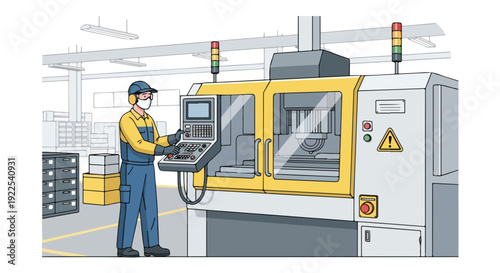 An industrial worker in a yellow shirt and blue overalls operating a large CNC machine with a control panel in a factory setting with gray and yellow tones.
