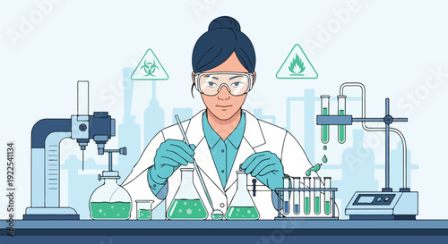 Female scientist in a lab coat working with test tubes and various laboratory equipment in a modern lab setting with a neutral color palette.