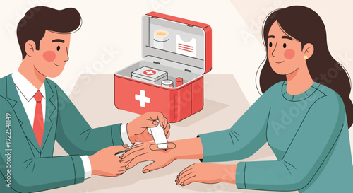 Illustration of a man and woman sitting at a table with a first aid kit, he is applying a bandage to her hand.