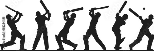 Cricket player batting action silhouettes set, professional sportsman hitting ball, dynamic cricket swing sequence vector isolated on white background