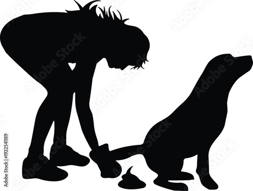 Dog defecating with owner silhouette illustration, pet waste problem concept, irresponsible animal behavior vector isolated on white background