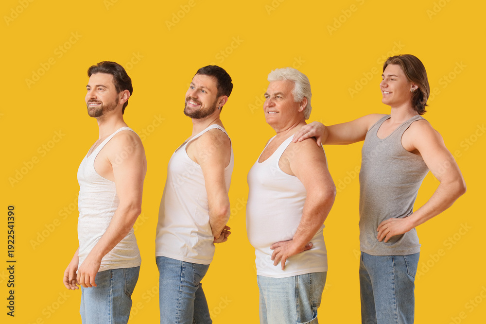 Fototapeta premium Group of men on yellow background. Body positive concept