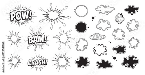 Minimalist black and white comic action bursts and splash shapes