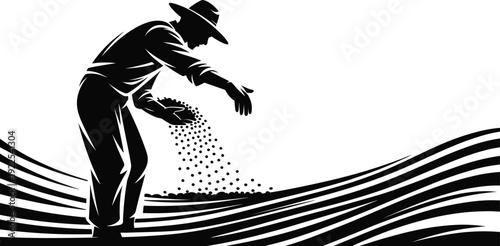 Farmer sowing seeds in field, black silhouette agriculture illustration, rural farming concept art, planting season vector isolated on white background