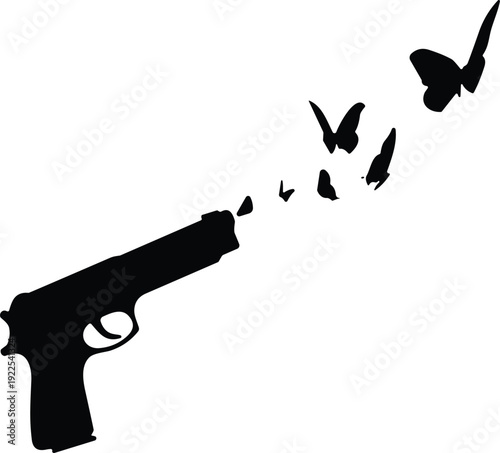 Gun transforming into butterflies silhouette, anti violence concept illustration, peace symbol with handgun vector isolated on white background