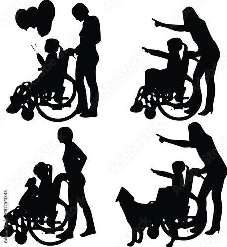 Mother with disabled child silhouettes set, caregiver supporting wheelchair kid, family love, inclusion, rehabilitation concept vector isolated on white background