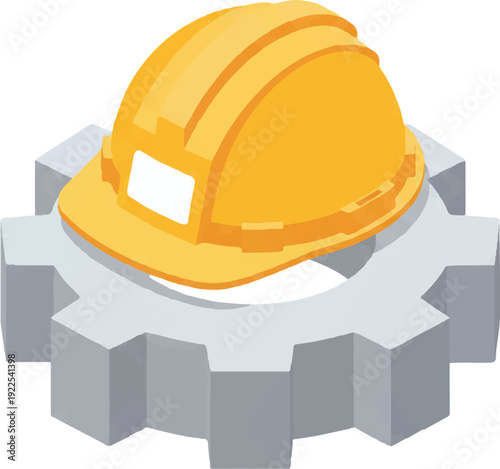 Construction Safety Symbol Hard Hat with Gear Representing Industrial Engineering Yellow Helmet on Gear Icon Construction Industry Safety and Engineering Concept