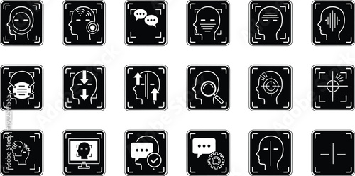 Artificial Intelligence and Human Mind Interface Icon Set with Brain, Chat, Search, Target and Neural Network Symbols Dark UI Vector Collection